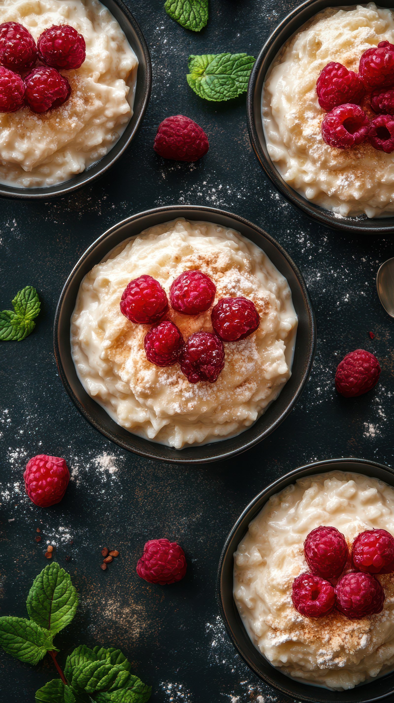 Creamy rice pudding topped with fresh raspberries served in elegant bowls on a dark surface